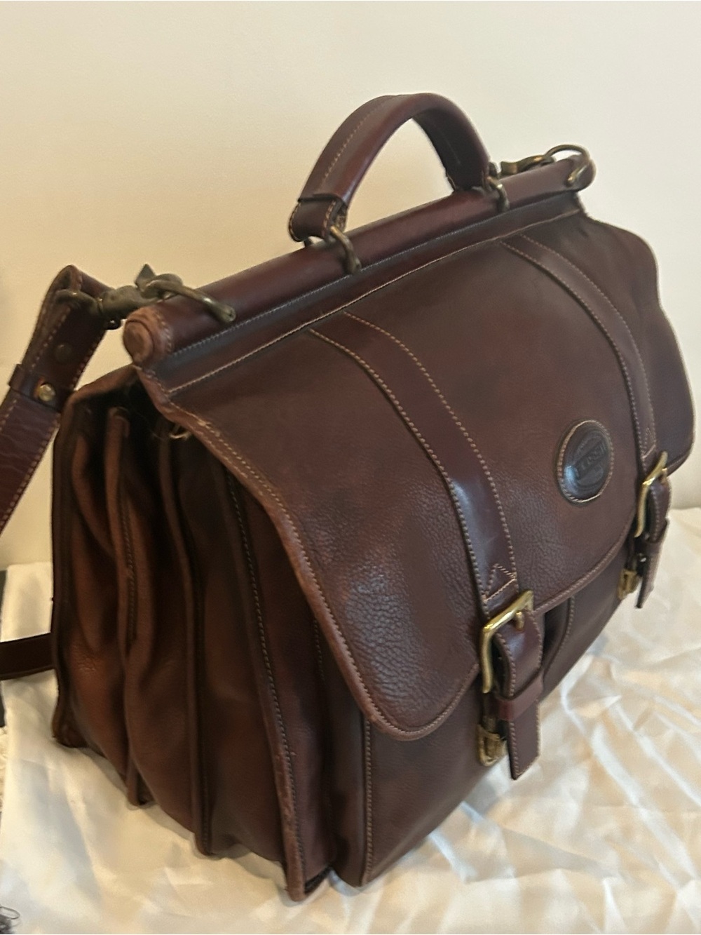 Vintage Fossil Brown Leather Messenger Briefcase Work Laptop Satchel Bag - Picture 4 of 14